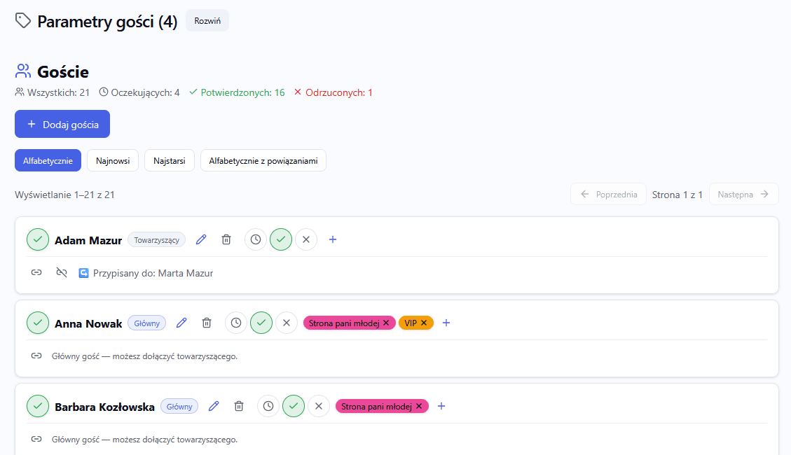 Lista gości weselnych w aplikacji Poplanowani — statusy RSVP, plus-one, dzieci, parametry stron
